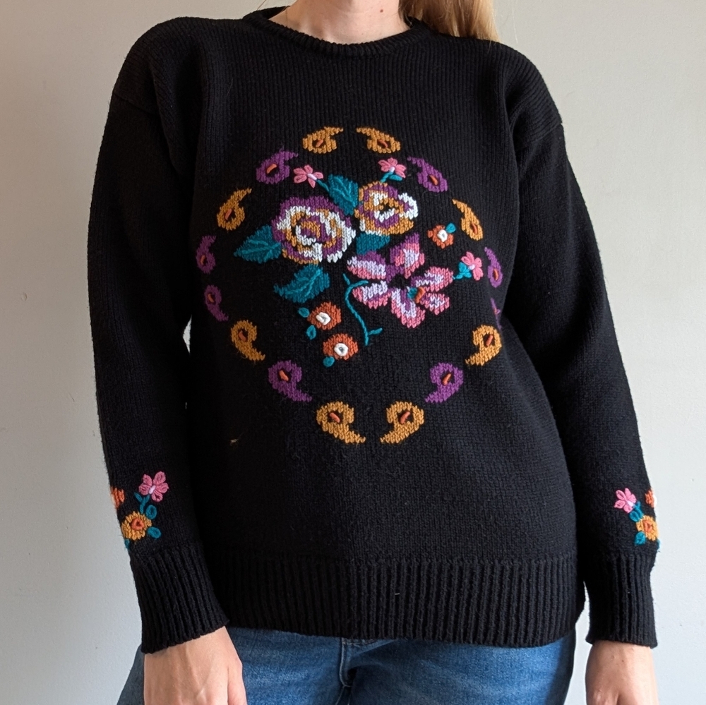 Vintage Picket & Post Black Sweater with Embroidered Flowers, Size M
